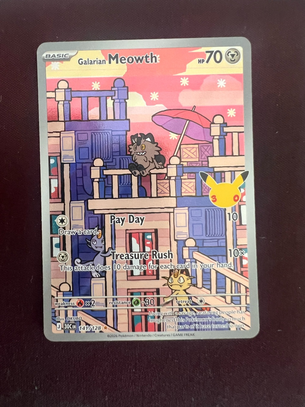 Pokemon Galarian Meowth Holographic Card 30th anniversary 30C ME 141/128
